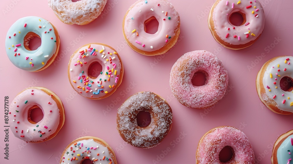 Donuts with sprinkles on pink background. Sugar, sweets, snack, junk food concept. Top view. Donuts with sprinkles on pink background. Sugar, sweets, snack, junk food concept. Top view.