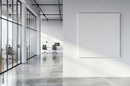  White wall in a modern office interior with glass walls and desks nearby, 3D rendering mock-up with a white background and copy space on the left side of the frame, captured in a panoramic
