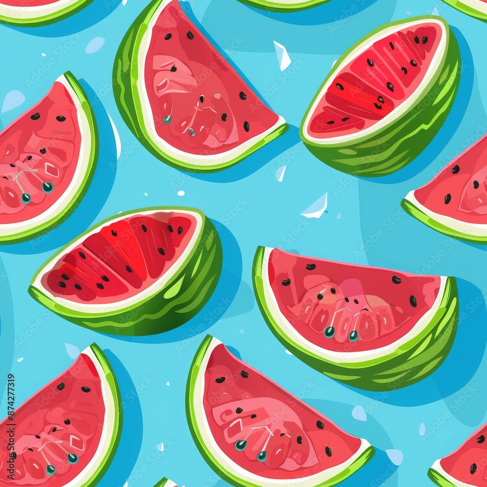 cartoon-style watermelon, Seamless vector pattern watermelon slice colorful illustration wallpaper background modern flat style cartoon-style watermelon, Seamless vector pattern watermelon slice colorful illustration wallpaper background modern flat style