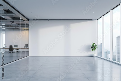  White wall in a modern office interior with glass walls and desks nearby, 3D rendering mock-up with a white background and copy space on the left side of the frame, captured in a panoramic