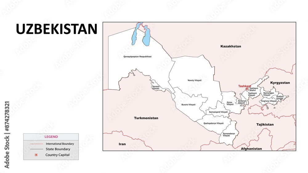 Obraz premium Uzbekistan Map. State map of Uzbekistan. Administrative map of Uzbekistan with State and capital in white color.