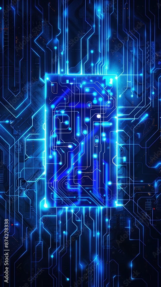 Obraz premium Futuristic blue circuit board with glowing lines and digital patterns, representing advanced technology and innovation.