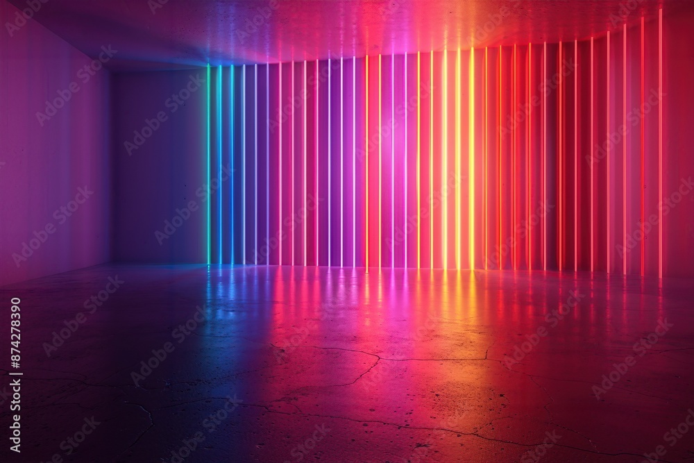 Fototapeta premium Vibrant LED light installation in an empty room, showcasing a mesmerizing spectrum of colors and creating a modern, futuristic ambiance.