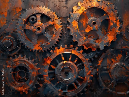 Rusty gears interlocked, creating a textured industrial background.