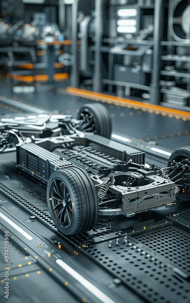 Close-up of a car chassis on a factory floor. Close-up of a car chassis on a factory floor.