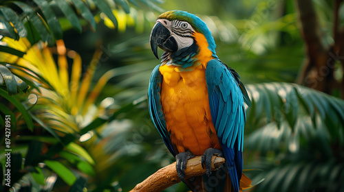 Colorful parrot in a lush tropical rainforest, perched amidst exotic plants and vibrant foliage, creating a lively and exotic atmosphere.

