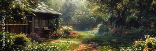 Sunlit Brick Path Through A Lush Garden With A Cottage And Flowers