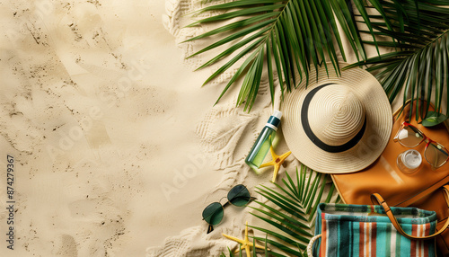 Enjoy The Sun: Essential Items For Sunbathing - Sunglasses, Sunhat, Beach Bag, Sunscreen, Towel, And Palm Leaves On Sandy Shore