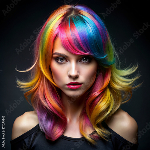 Portrait of a woman with vibrant rainbow-colored hair on a dark background