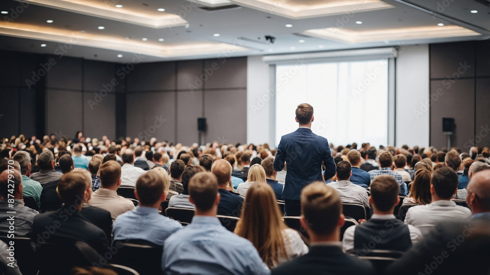 Obraz premium A packed auditorium with audience seated while two speakers are presenting on stage at a conference.