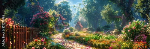 Sunlit Brick Path Through A Lush Garden With A Cottage And Flowers