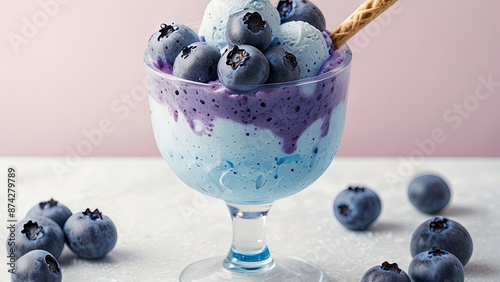 Blueberry Swirl Style Ice Cream in Glass Cup on Light Blue Background