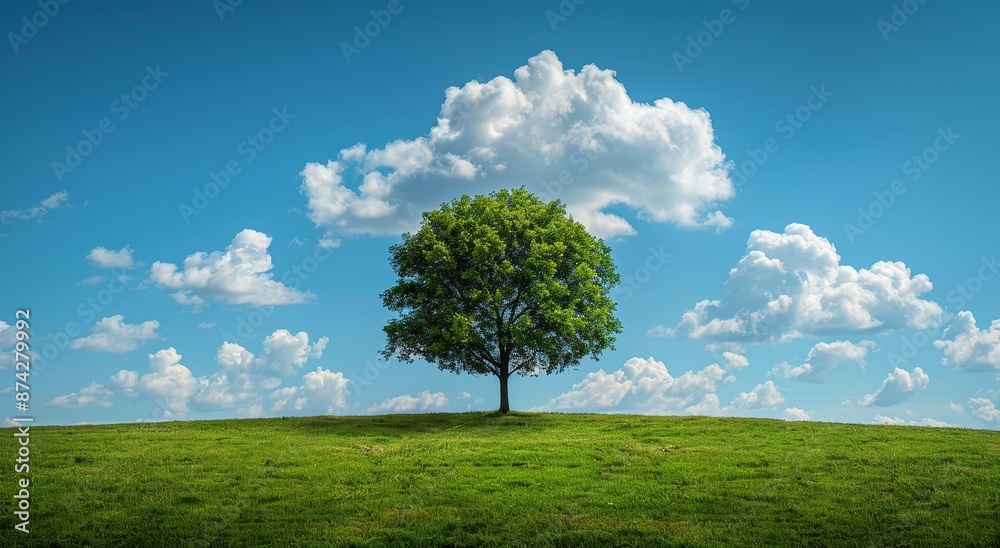 Obraz premium A tree stands alone on a grassy hill under a clear blue sky