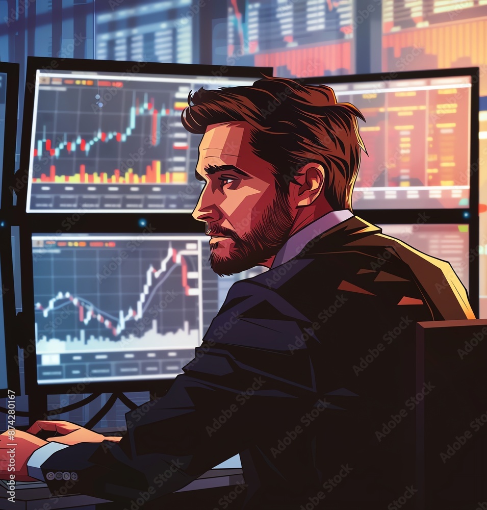 Fototapeta premium Handsome Stock Trader in Front of Multiple Computer Screens Cartoon Style