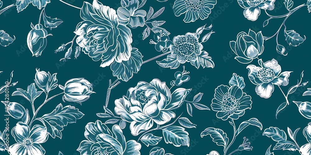 French toile floral line art pattern on a white, abstract floral background French toile floral line art pattern on a white, abstract floral background