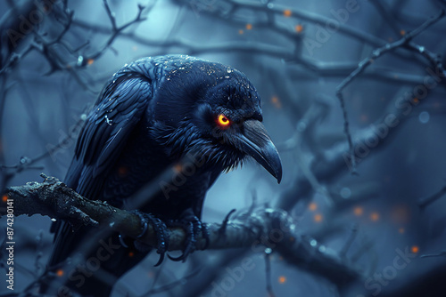 Spooky Raven on a Branch with Glowing Eyes