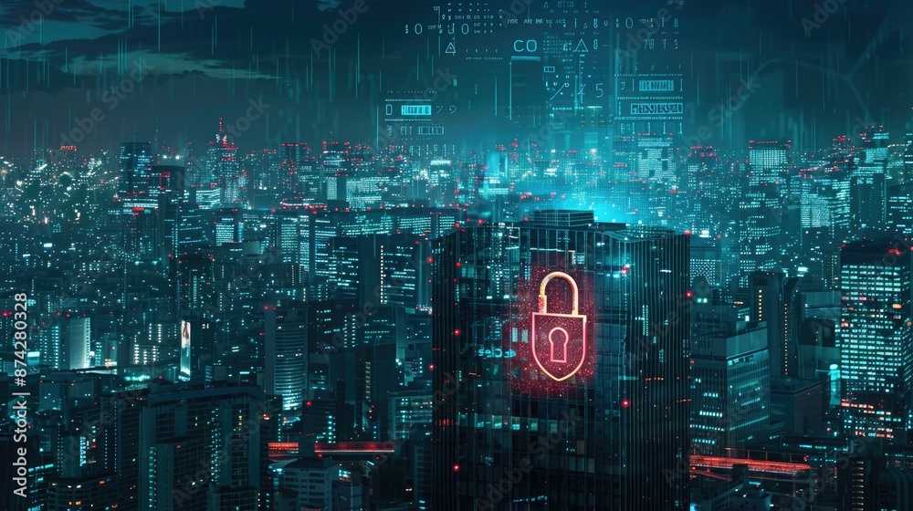 Cityscape at night with digital data protection interface and padlock, panoramic view Cityscape at night with digital data protection interface and padlock, panoramic view
