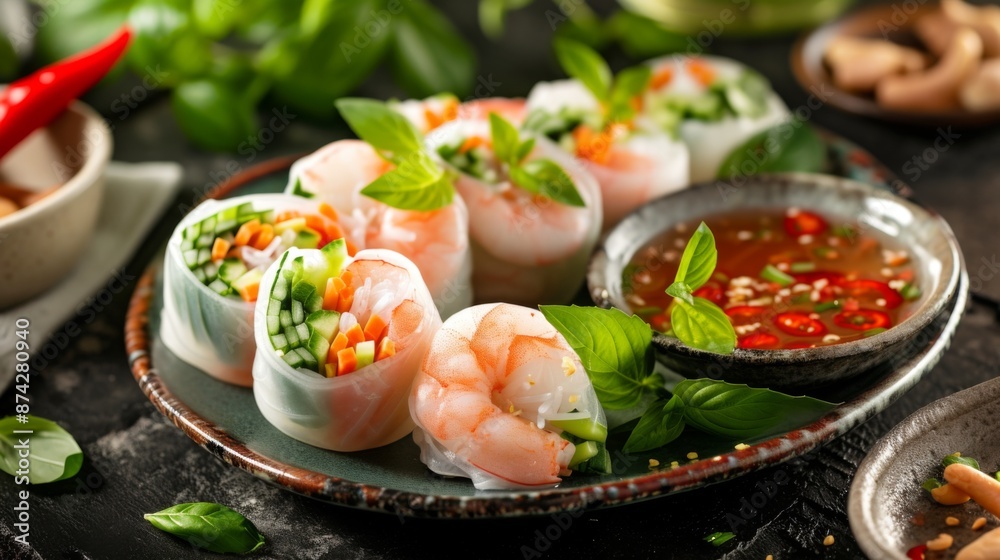 Vietnamese prawn summer rolls with fresh vegetables and dipping sauce, beautifully plated Vietnamese prawn summer rolls with fresh vegetables and dipping sauce, beautifully plated