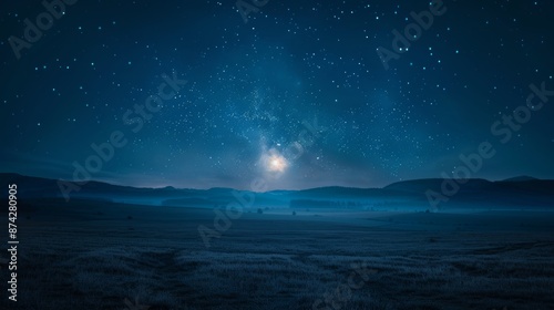 a dark and ominous night sky, rendered in deep shades of blue, with very few clouds and a plethora of visible, bright stars that create a dazzling display against the dark backdrop