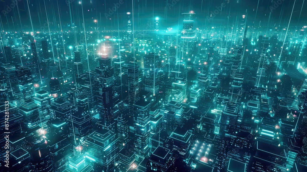 Obraz premium Futuristic night cityscape with glowing skyline and metaverse background, top view