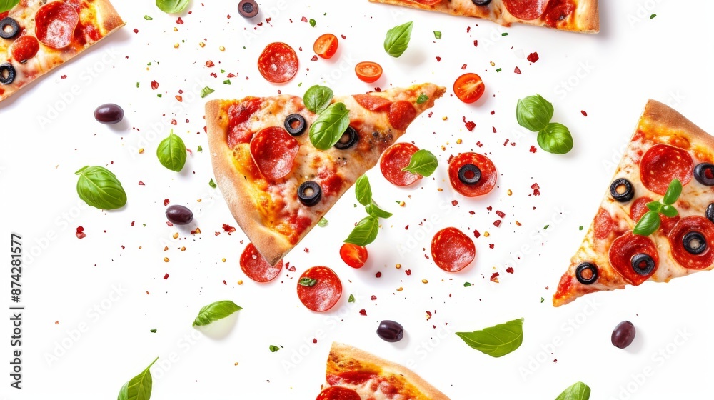 Flying pizza slices with pepperoni, olives, and basil, isolated on white background