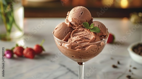 Chocolate Ice Cream Scoops With Mint Garnish on a Table