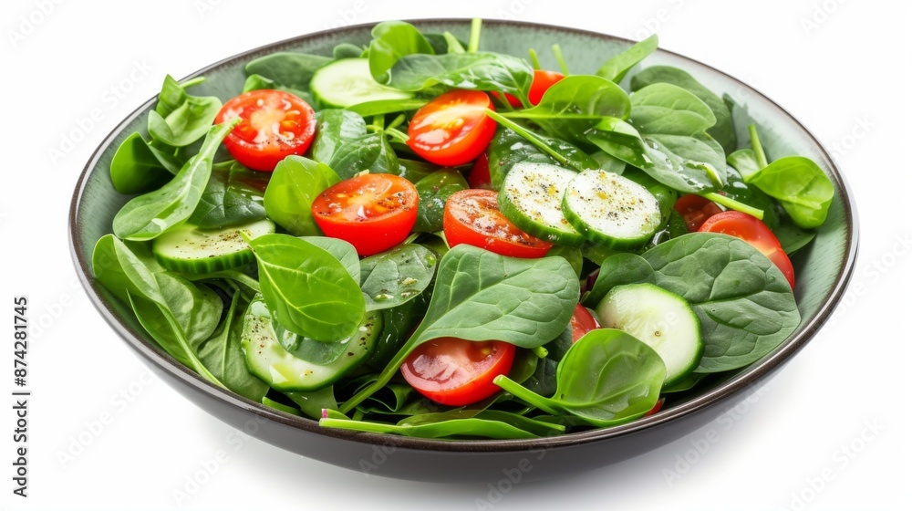 Spinach salad with cherry tomatoes, cucumbers, and other vegetables, isolated on white background Spinach salad with cherry tomatoes, cucumbers, and other vegetables, isolated on white background