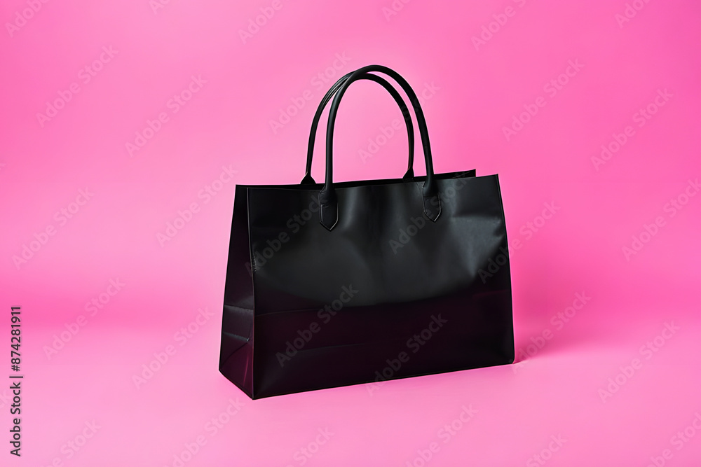 Black shopping bag, pink background, sales promotion Black shopping bag, pink background, sales promotion