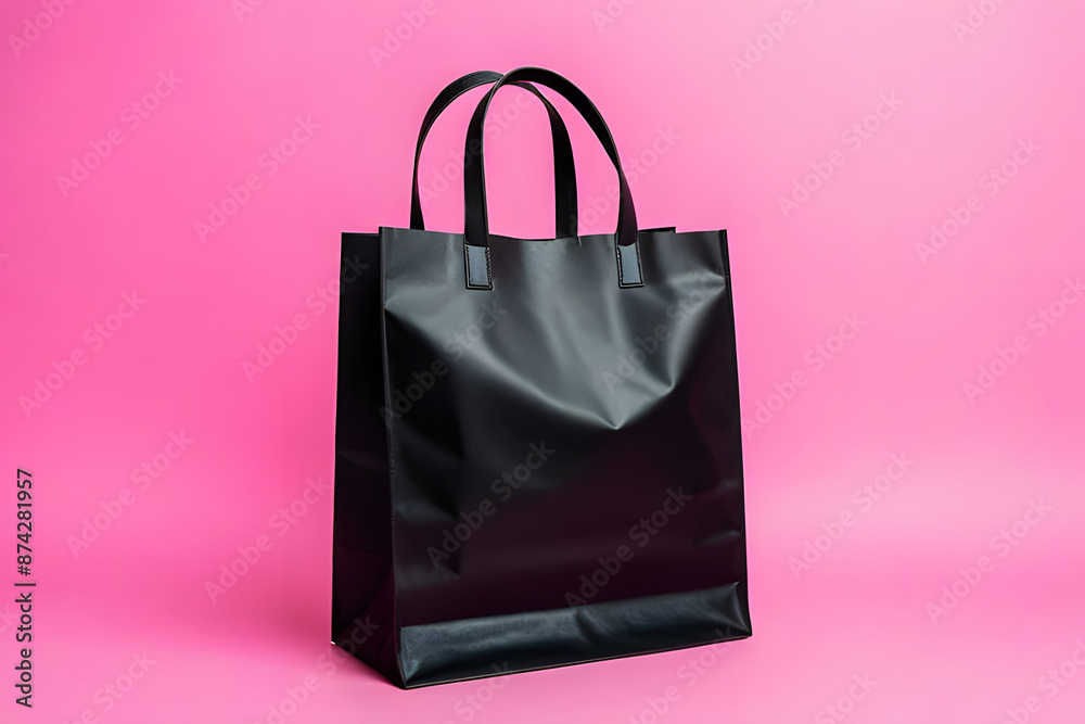 Black shopping bag, pink background, sales promotion Black shopping bag, pink background, sales promotion