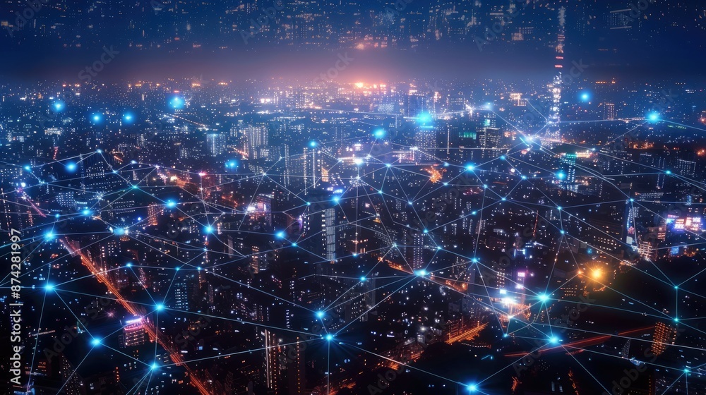 Modern city at night with interconnected network, telecommunication and connectivity, top view Modern city at night with interconnected network, telecommunication and connectivity, top view