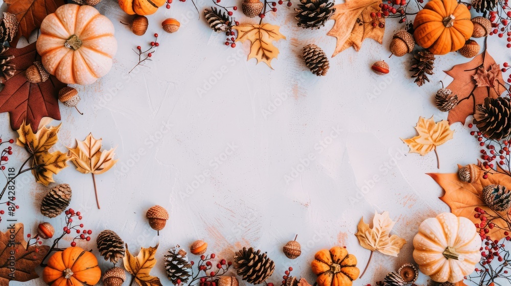 Nature-inspired fall frame with decorative pumpkins, dried leaves, berries, pinecones, and acorns, top view Nature-inspired fall frame with decorative pumpkins, dried leaves, berries, pinecones, and acorns, top view