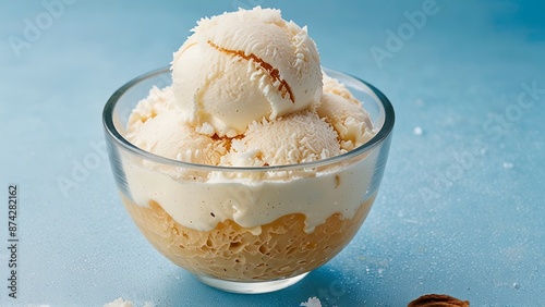 Coconut Style Ice Cream with Coconut Flakes on a Light Beige Background