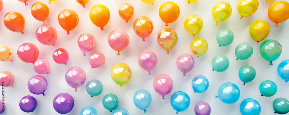 A background filled with balloons in rainbow colors, floating in a whimsical pattern against a white backdrop, creating a playful and fun atmosphere. A background filled with balloons in rainbow colors, floating in a whimsical pattern against a white backdrop, creating a playful and fun atmosphere.