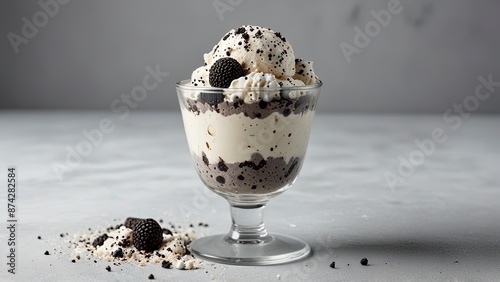 Cookies and Cream Style Ice Cream on a Grey Background in a Glass Cup with Cookie Crumbs