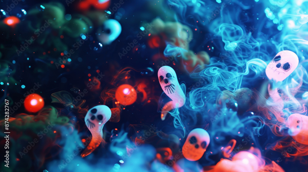 Floating ghost-like figures in colorful, smoky environment creating a mystical Halloween atmosphere. Floating ghost-like figures in colorful, smoky environment creating a mystical Halloween atmosphere.