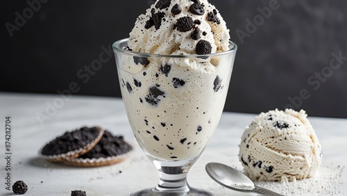 Cookies and Cream Style Ice Cream on a Grey Background in a Glass Cup with Cookie Crumbs