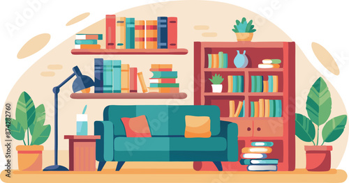 A cartoonish drawing of a living room with a couch, a lamp, and a bookshelf