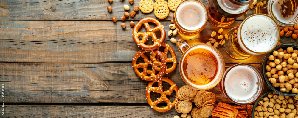 A beer and snack pairing banner with a selection of beers, pretzels, nuts, and cheese, set on a wooden table with a casual setting. A beer and snack pairing banner with a selection of beers, pretzels, nuts, and cheese, set on a wooden table with a casual setting.