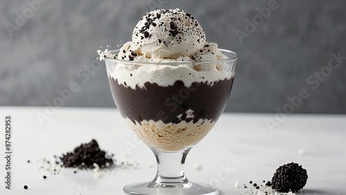 Cookies and Cream Style Ice Cream on a Grey Background in a Glass Cup with Cookie Crumbs