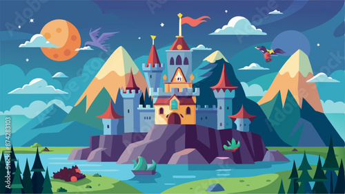 A castle is shown in the background with a large moon in the sky