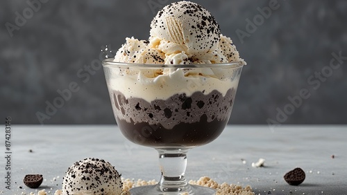 Cookies and Cream Style Ice Cream on a Grey Background in a Glass Cup with Cookie Crumbs