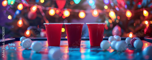 A beer pong setup with red cups and ping pong balls, set against a party backdrop with colorful lights and decorations.