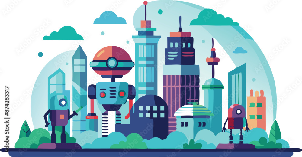 Fototapeta premium A cityscape with robots and buildings