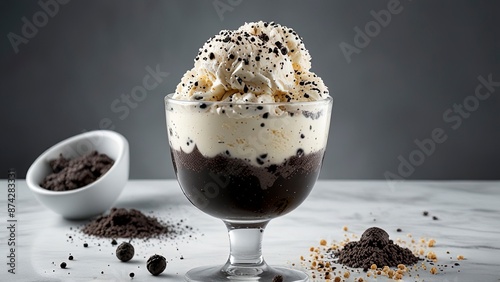 Cookies and Cream Style Ice Cream on a Grey Background in a Glass Cup with Cookie Crumbs