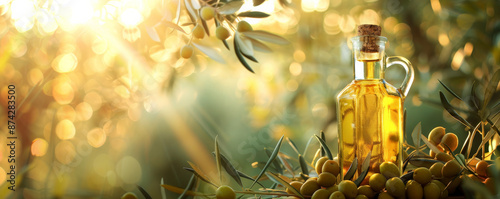 A bottle of golden olive oil with a cork stopper, fresh olives, and olive branches, set against a bright, sunlit background, symbolizing freshness. © AI_images_for_people