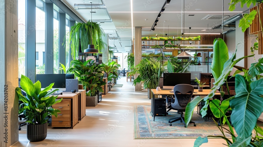 A progressive office layout with sustainable materials and eco-friendly designs. 