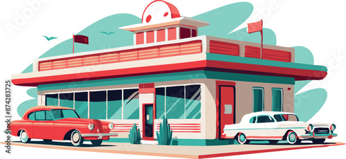 A red car is parked in front of a white car