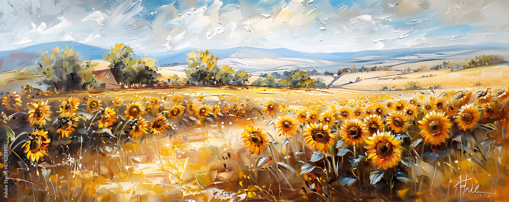 A vibrant oil painting of a field filled with sunflowers under a bright blue sky