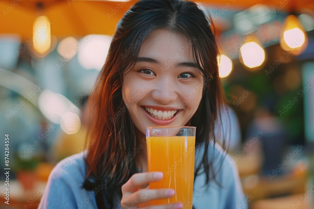 A woman is smiling and holding a glass of orange juice A woman is smiling and holding a glass of orange juice