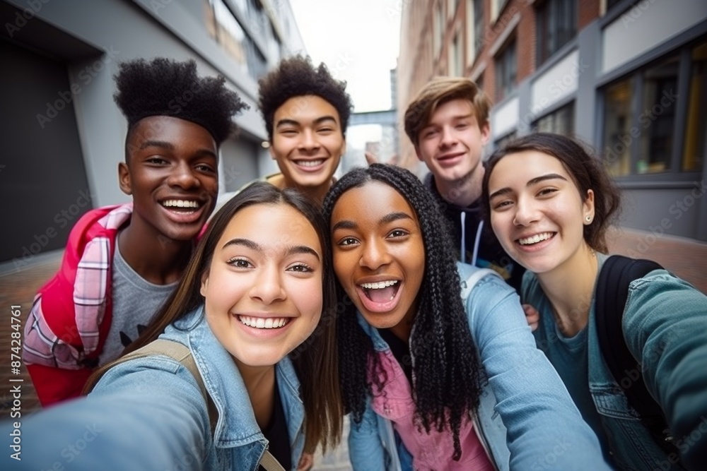 Smiling group of high school students taking a selfie Smiling group of high school students taking a selfie